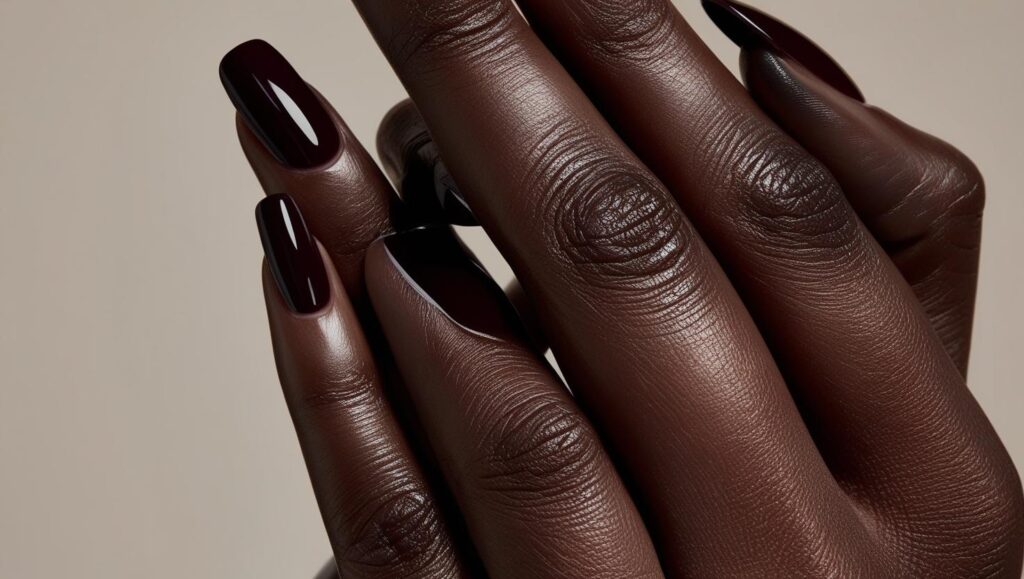 manicura de moda 2025, uñas lip gloss tono obscuro